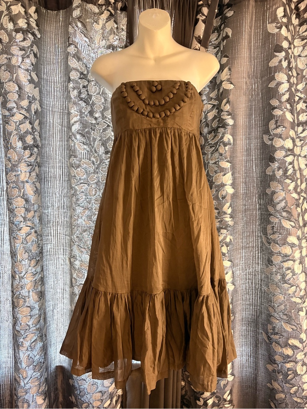 GAP Strapless Brown Pom-Trim Tiered Sundress